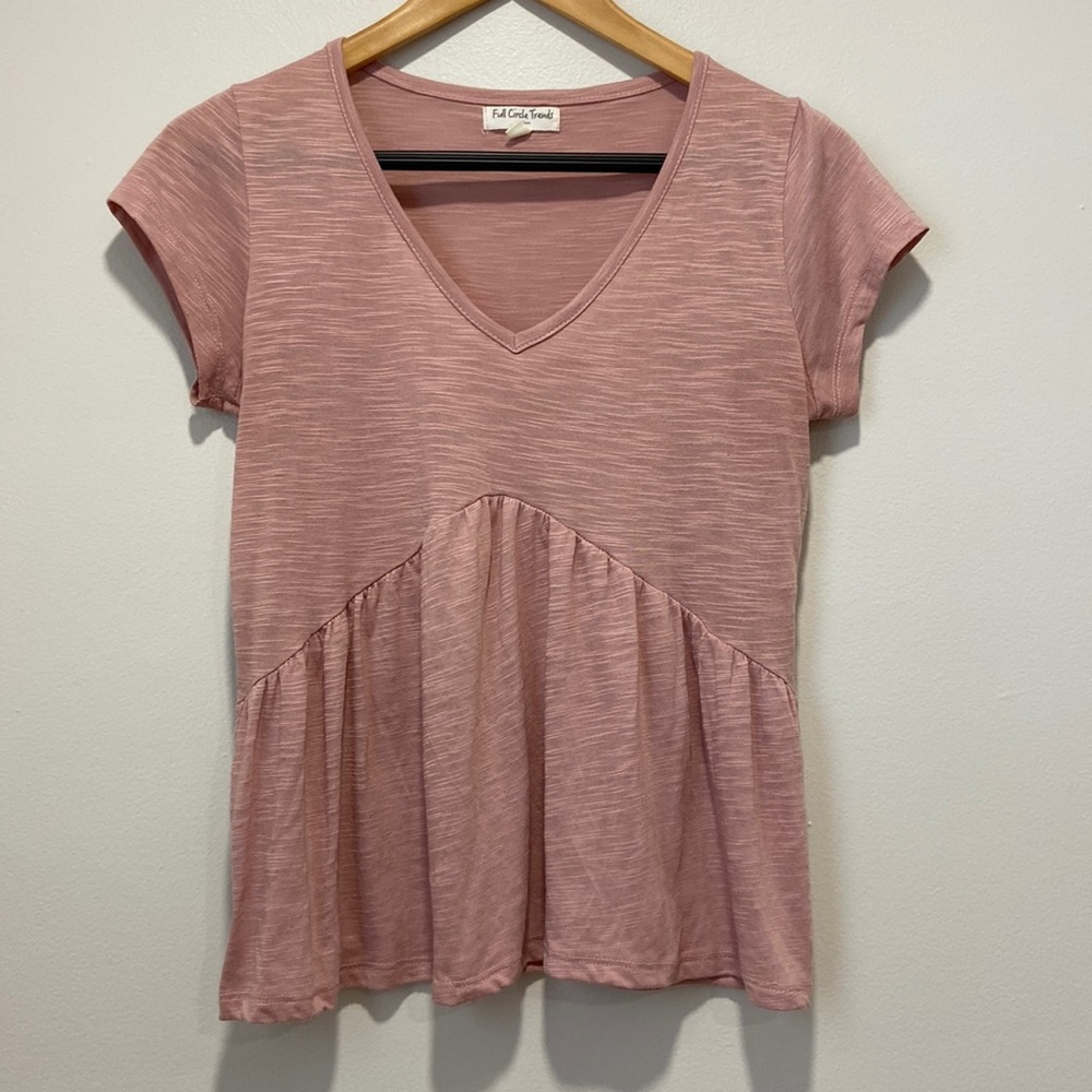 Pink Peplum Babydoll V Neck Top Women Size S